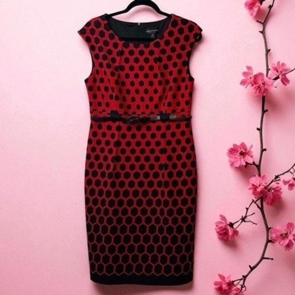 ✨Connected Apparel Red Black Geometric Sleeveless Sheath Dress Women Size 12‎ #